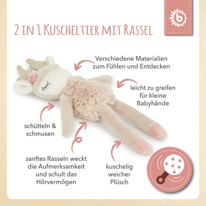 Bieco Kuscheltier Reh Ella mit Rassel | Baby Kuscheltier ab 0 Monate Stofftier Baby Plüschtie – Bild 6